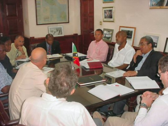 Martinique-based Monplaisir Group discuss hotel amd villa development around the La Valle International Golf course with St. Kitts and Nevis officials.