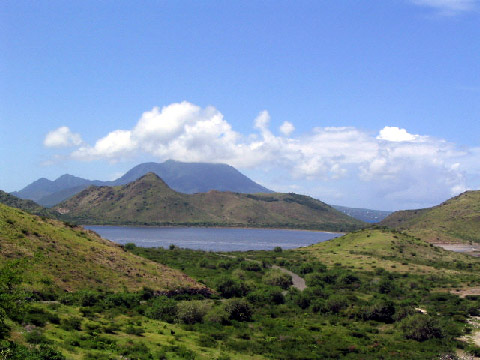 St Kitts Southeast Peninsula Safari photo - Great Salt Pond with the peak of Mt Nevis shoruded in clouds
