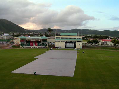 Players Pavilion and Media Center viewed from the Southern Stands at the new Warner Park Cricket Stadium in St. Kitts