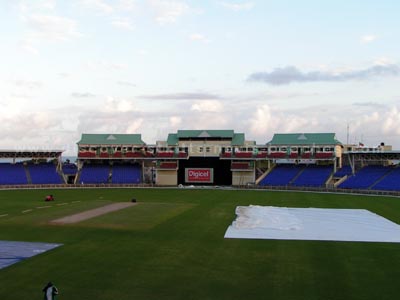 View of Southern Stands from the Players Pavilion at the new Warner Park Cricket Stadium in St. Kitts