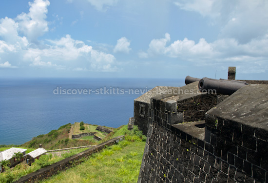 Brimstone Hill Fortress. Photo of canons mounted in the Citadel at Fort George.  The Orillon Bastion overlooks the ocean.