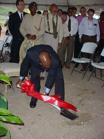 St. Kitts and Nevis Prime Minister and Minister of Tourism, the Hon. Dr. Denzil L. Douglas turns the sod to commence construction of the multi-million dollar Ocean Edge Resort at Frigate Bay, St. Kitts.