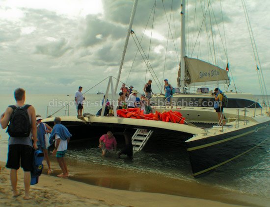 Spirit of St. Kitts catamaran at Pinney's Beach in Nevis.