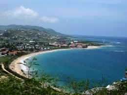 St Kitts tours and Island Safaris with Captain Sunshine Tours. St Kitts photo of Captain Sunshine Tours St Kitts Panoramic Tour showing the view of Frigate Bay from the Timothy Hill lookout point.