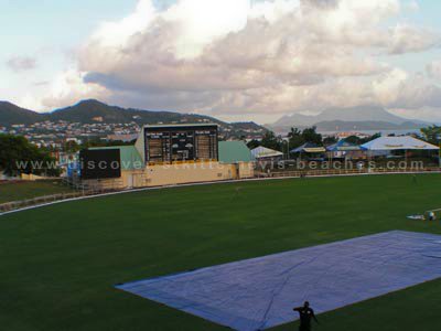 Video screen, score board and the Carib Party Mound at the new Warner Park Cricket Stadium in St. Kitts